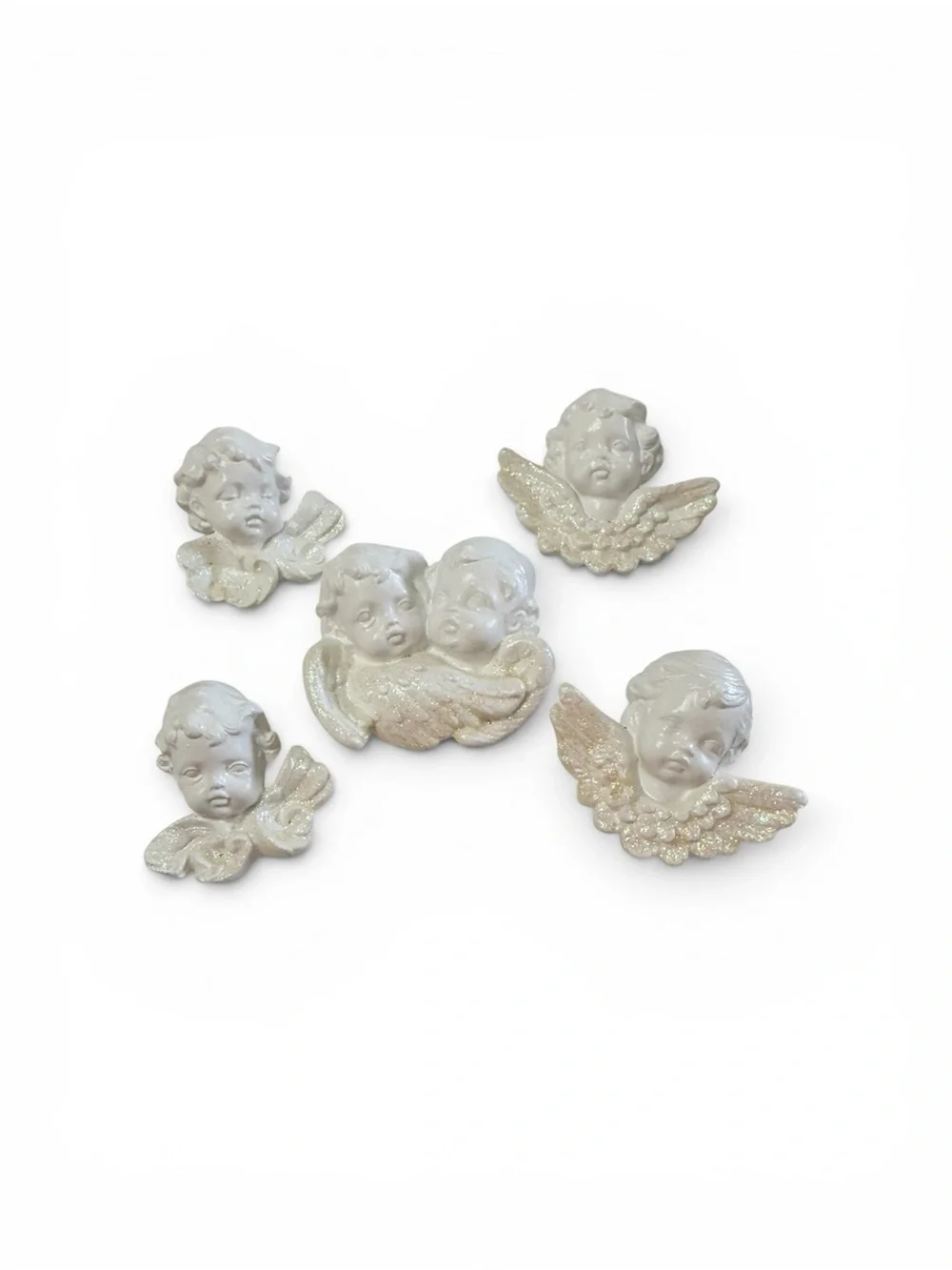 Vintage 80’s Scioto White Ceramic Cherub Plaques with Iridescent Wings Set of 5